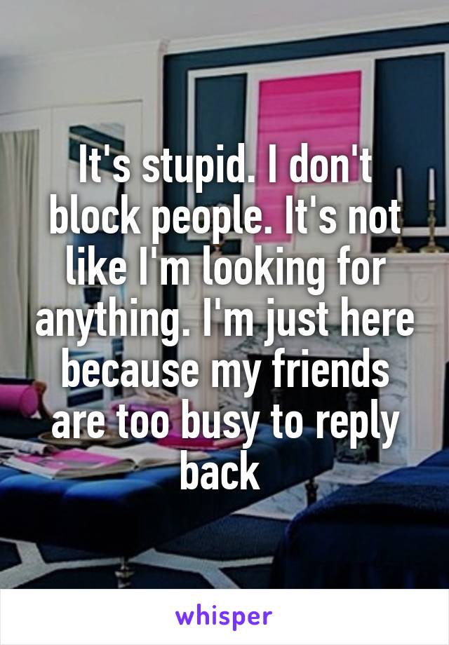 It's stupid. I don't block people. It's not like I'm looking for anything. I'm just here because my friends are too busy to reply back 
