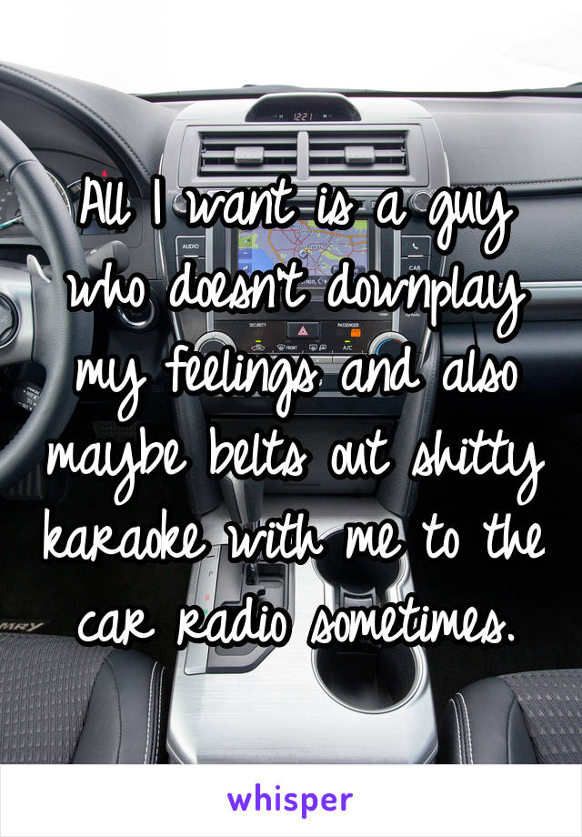 All I want is a guy who doesn't downplay my feelings and also maybe belts out shitty karaoke with me to the car radio sometimes.