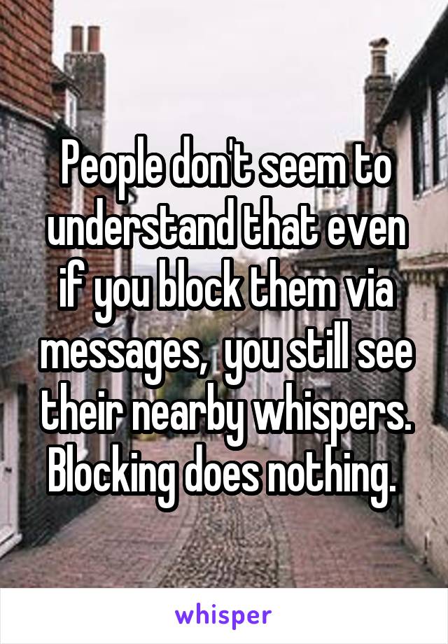 People don't seem to understand that even if you block them via messages,  you still see their nearby whispers. Blocking does nothing. 