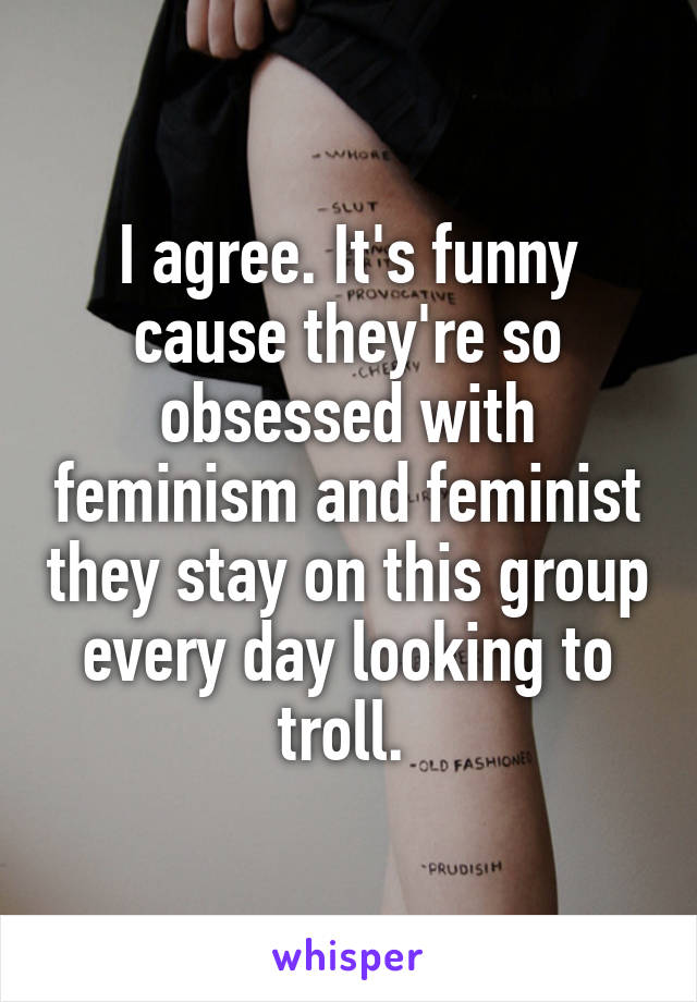 I agree. It's funny cause they're so obsessed with feminism and feminist they stay on this group every day looking to troll. 