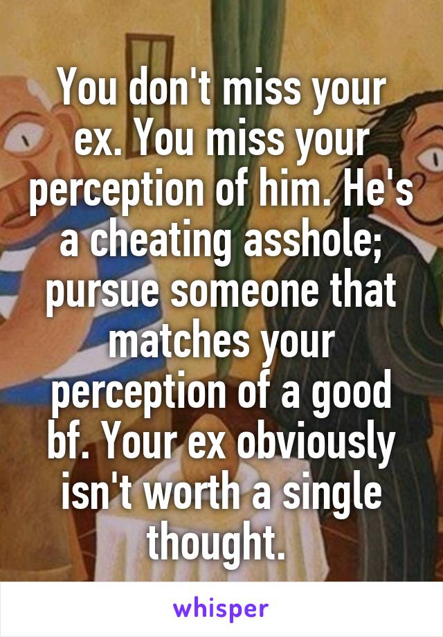 You don't miss your ex. You miss your perception of him. He's a cheating asshole; pursue someone that matches your perception of a good bf. Your ex obviously isn't worth a single thought. 