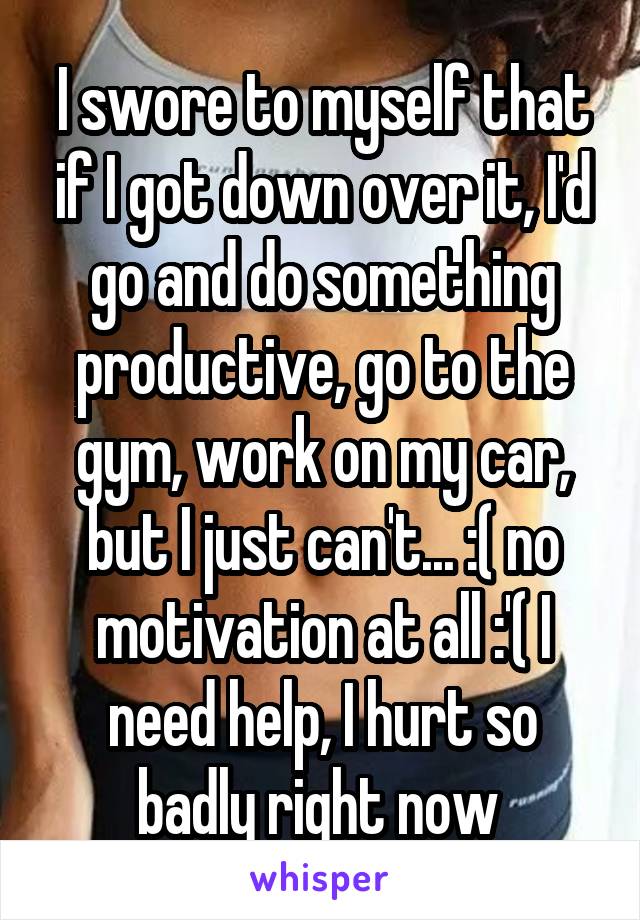 I swore to myself that if I got down over it, I'd go and do something productive, go to the gym, work on my car, but I just can't... :( no motivation at all :'( I need help, I hurt so badly right now 