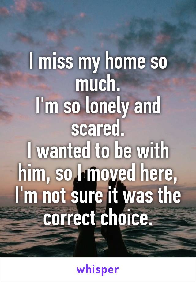 I miss my home so much.
I'm so lonely and scared.
I wanted to be with him, so I moved here, I'm not sure it was the correct choice.