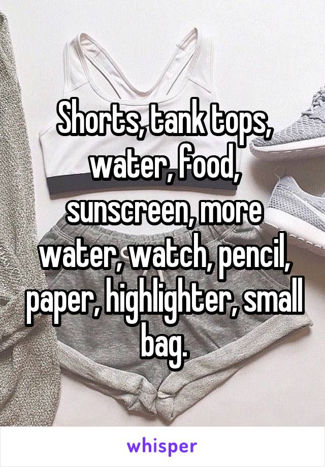 Shorts, tank tops, water, food, sunscreen, more water, watch, pencil, paper, highlighter, small bag.