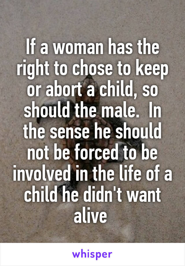 If a woman has the right to chose to keep or abort a child, so should the male.  In the sense he should not be forced to be involved in the life of a child he didn't want alive 