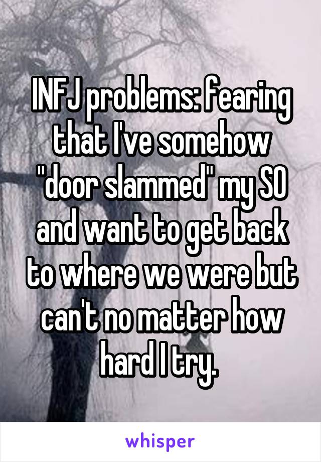 INFJ problems: fearing that I've somehow "door slammed" my SO and want to get back to where we were but can't no matter how hard I try. 