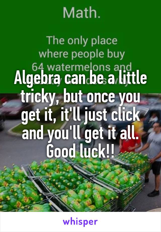 Algebra can be a little tricky, but once you get it, it'll just click and you'll get it all. Good luck!!