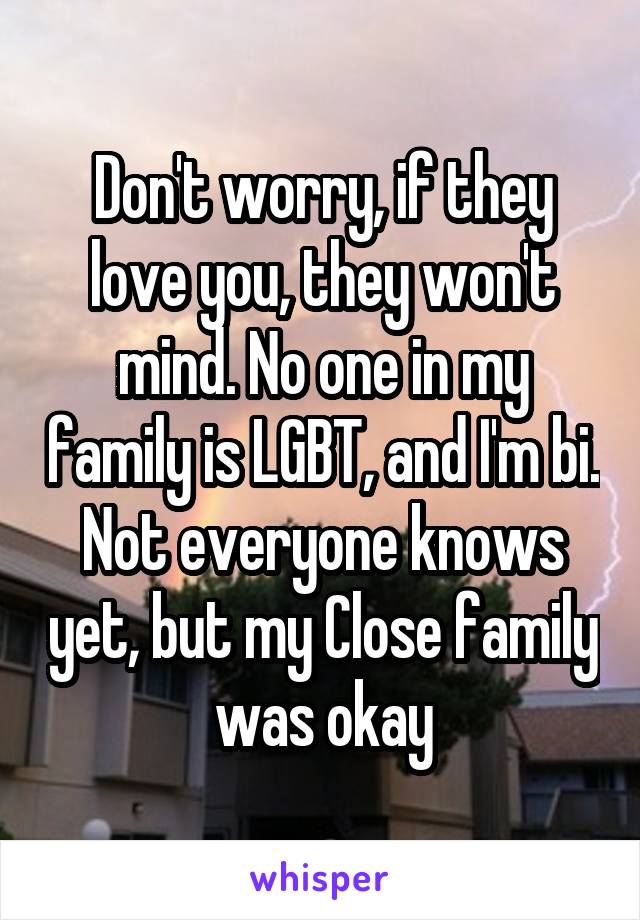 Don't worry, if they love you, they won't mind. No one in my family is LGBT, and I'm bi. Not everyone knows yet, but my Close family was okay