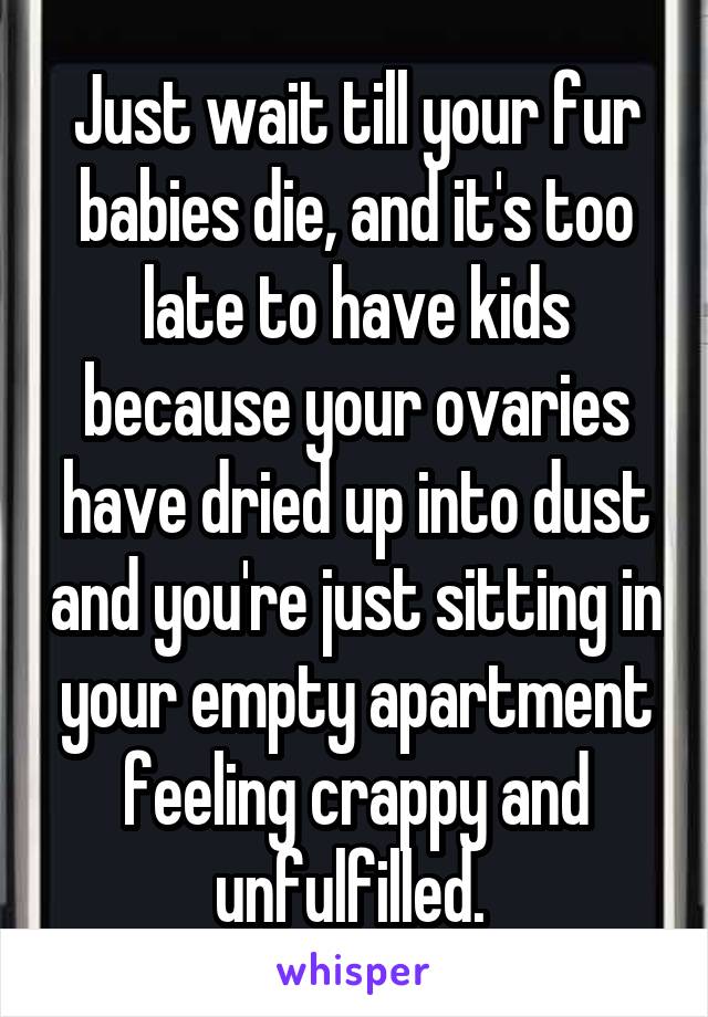 Just wait till your fur babies die, and it's too late to have kids because your ovaries have dried up into dust and you're just sitting in your empty apartment feeling crappy and unfulfilled. 