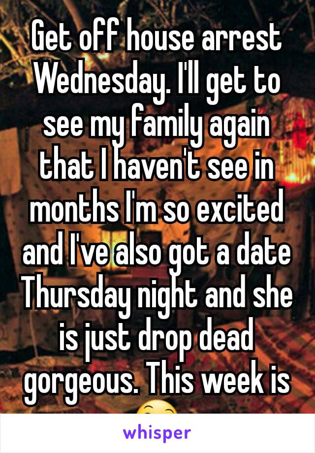 Get off house arrest Wednesday. I'll get to see my family again that I haven't see in months I'm so excited and I've also got a date Thursday night and she is just drop dead gorgeous. This week is 😄