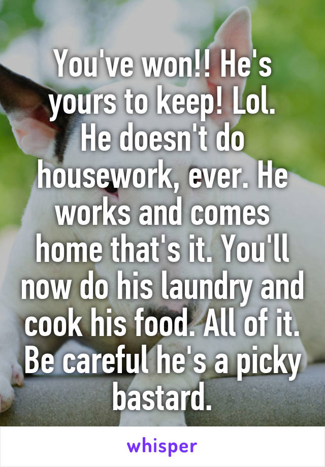 You've won!! He's yours to keep! Lol.
He doesn't do housework, ever. He works and comes home that's it. You'll now do his laundry and cook his food. All of it. Be careful he's a picky bastard.