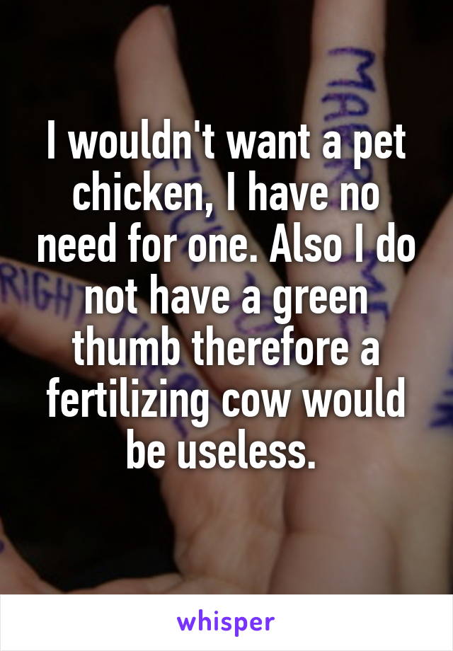 I wouldn't want a pet chicken, I have no need for one. Also I do not have a green thumb therefore a fertilizing cow would be useless. 
