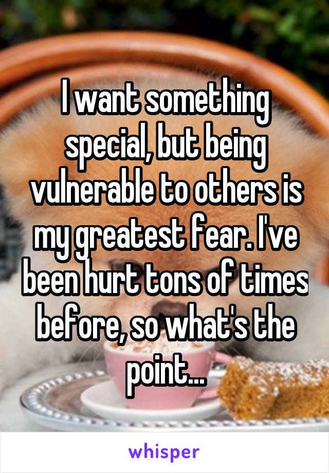 I want something special, but being vulnerable to others is my greatest fear. I've been hurt tons of times before, so what's the point...