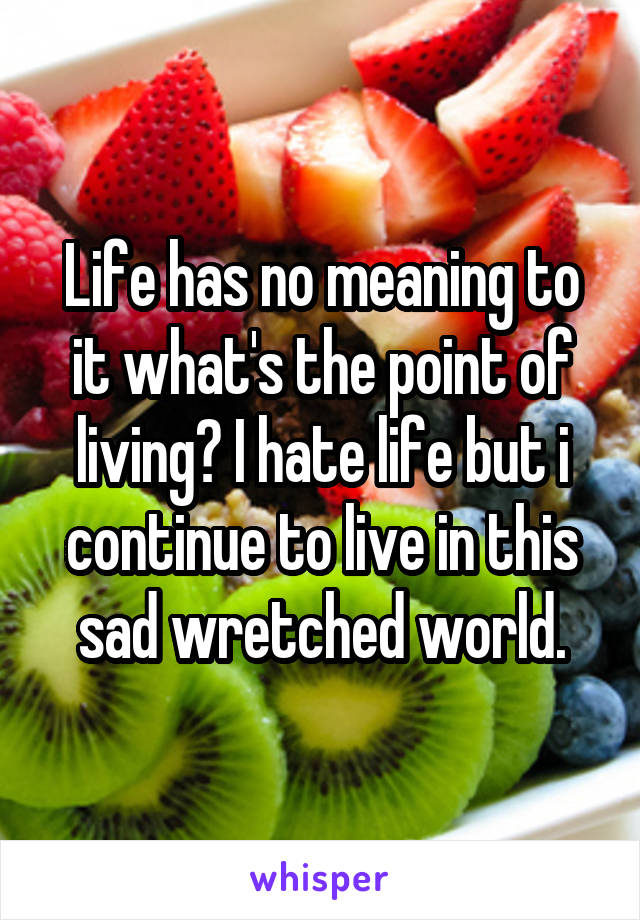 Life has no meaning to it what's the point of living? I hate life but i continue to live in this sad wretched world.