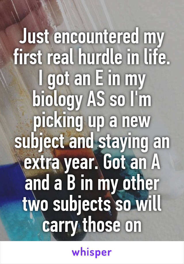 Just encountered my first real hurdle in life. I got an E in my biology AS so I'm picking up a new subject and staying an extra year. Got an A and a B in my other two subjects so will carry those on