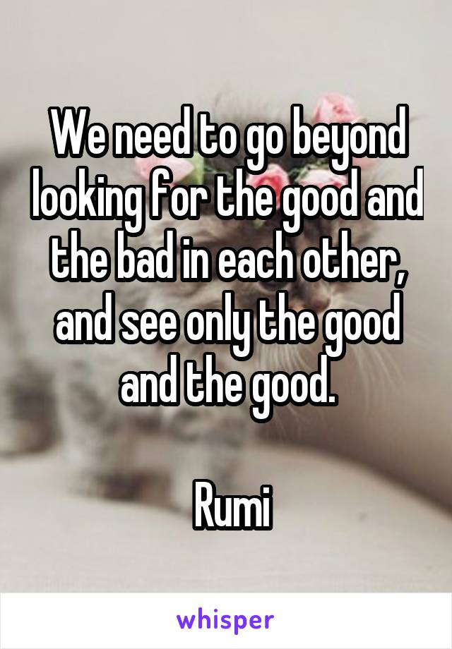 We need to go beyond looking for the good and the bad in each other, and see only the good and the good.

 Rumi