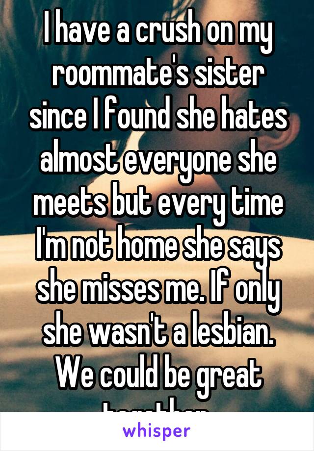 I have a crush on my roommate's sister since I found she hates almost everyone she meets but every time I'm not home she says she misses me. If only she wasn't a lesbian. We could be great together.