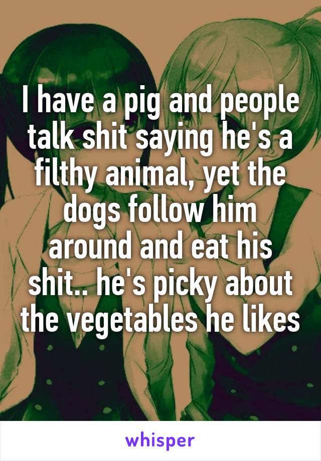 I have a pig and people talk shit saying he's a filthy animal, yet the dogs follow him around and eat his shit.. he's picky about the vegetables he likes 