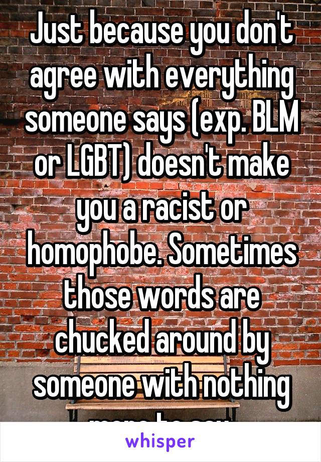 Just because you don't agree with everything someone says (exp. BLM or LGBT) doesn't make you a racist or homophobe. Sometimes those words are chucked around by someone with nothing more to say.