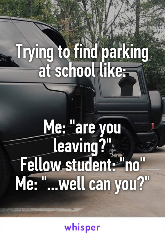 Trying to find parking at school like:


Me: "are you leaving?"
Fellow student: "no"
Me: "...well can you?"