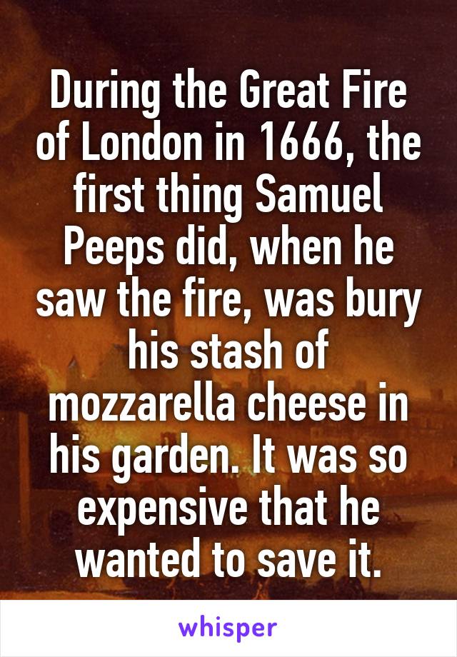 During the Great Fire of London in 1666, the first thing Samuel Peeps did, when he saw the fire, was bury his stash of mozzarella cheese in his garden. It was so expensive that he wanted to save it.