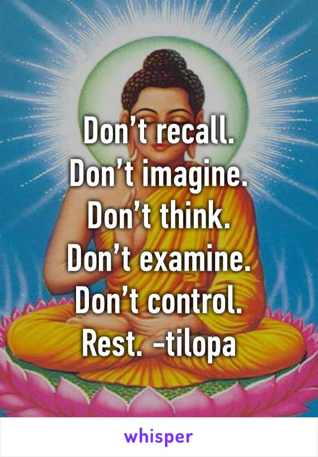 Don’t recall. 
Don’t imagine. 
Don’t think. 
Don’t examine. 
Don’t control.
Rest. -tilopa 