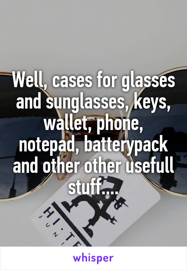 Well, cases for glasses and sunglasses, keys, wallet, phone, notepad, batterypack and other other usefull stuff....