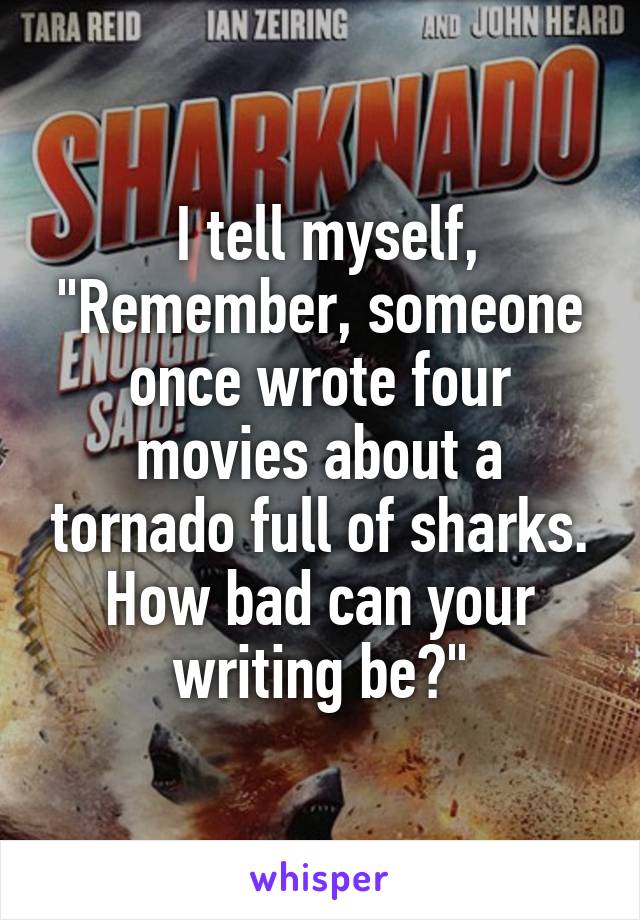  I tell myself, "Remember, someone once wrote four movies about a tornado full of sharks. How bad can your writing be?"