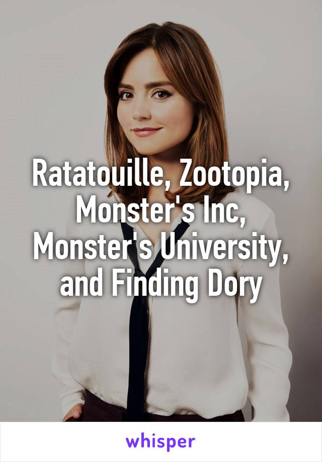 Ratatouille, Zootopia, Monster's Inc, Monster's University, and Finding Dory