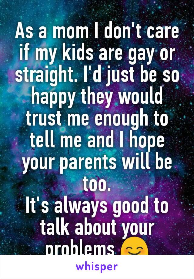 As a mom I don't care if my kids are gay or straight. I'd just be so happy they would trust me enough to tell me and I hope your parents will be too.
It's always good to talk about your problems 😊