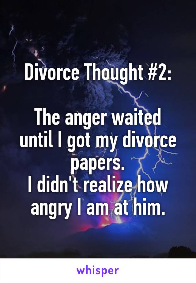 Divorce Thought #2:

The anger waited until I got my divorce papers.
I didn't realize how angry I am at him.