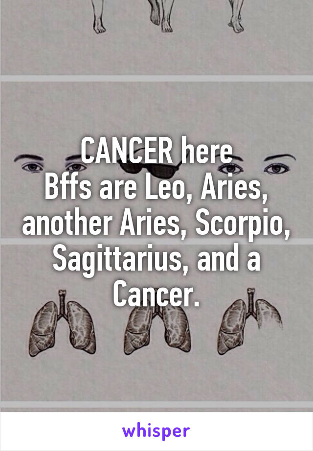 CANCER here
Bffs are Leo, Aries, another Aries, Scorpio, Sagittarius, and a Cancer.
