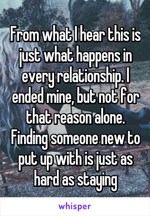 From what I hear this is just what happens in every relationship. I ended mine, but not for that reason alone. Finding someone new to put up with is just as hard as staying