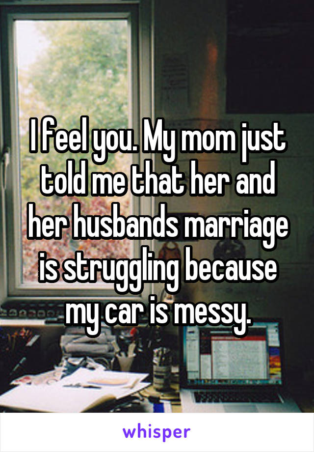 I feel you. My mom just told me that her and her husbands marriage is struggling because my car is messy.