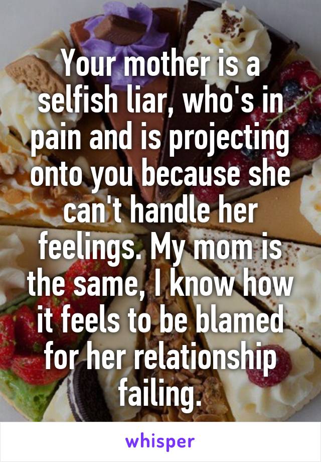 Your mother is a selfish liar, who's in pain and is projecting onto you because she can't handle her feelings. My mom is the same, I know how it feels to be blamed for her relationship failing.