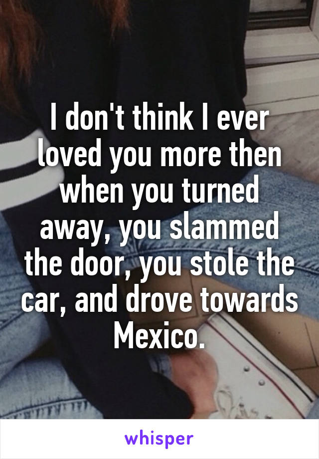 I don't think I ever loved you more then when you turned away, you slammed the door, you stole the car, and drove towards Mexico.