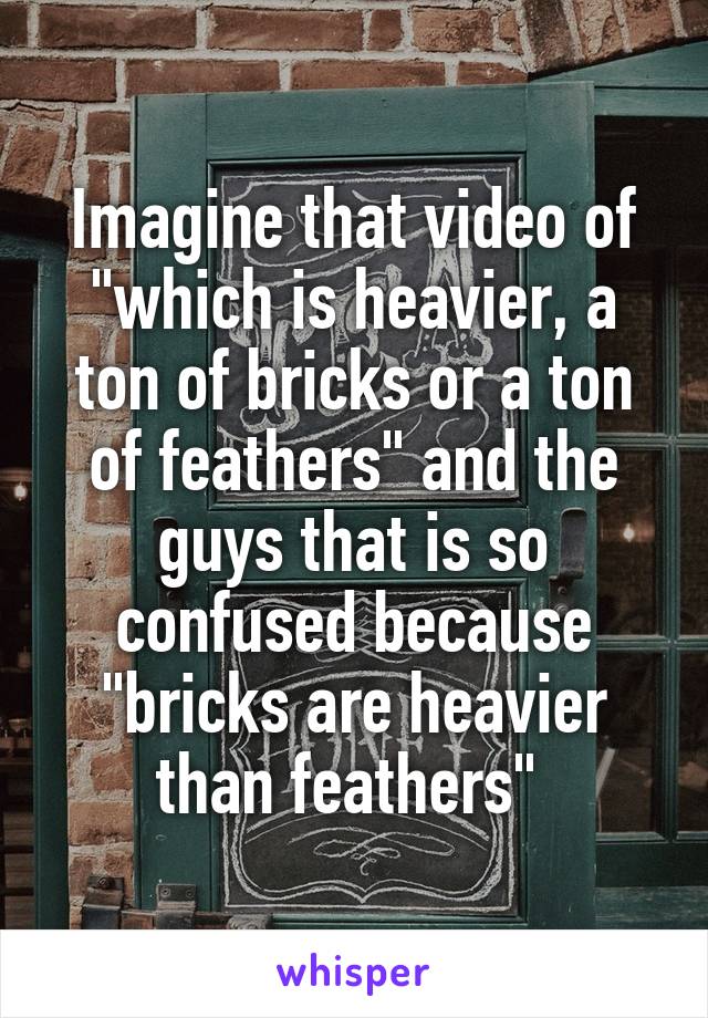 Imagine that video of "which is heavier, a ton of bricks or a ton of feathers" and the guys that is so confused because "bricks are heavier than feathers" 