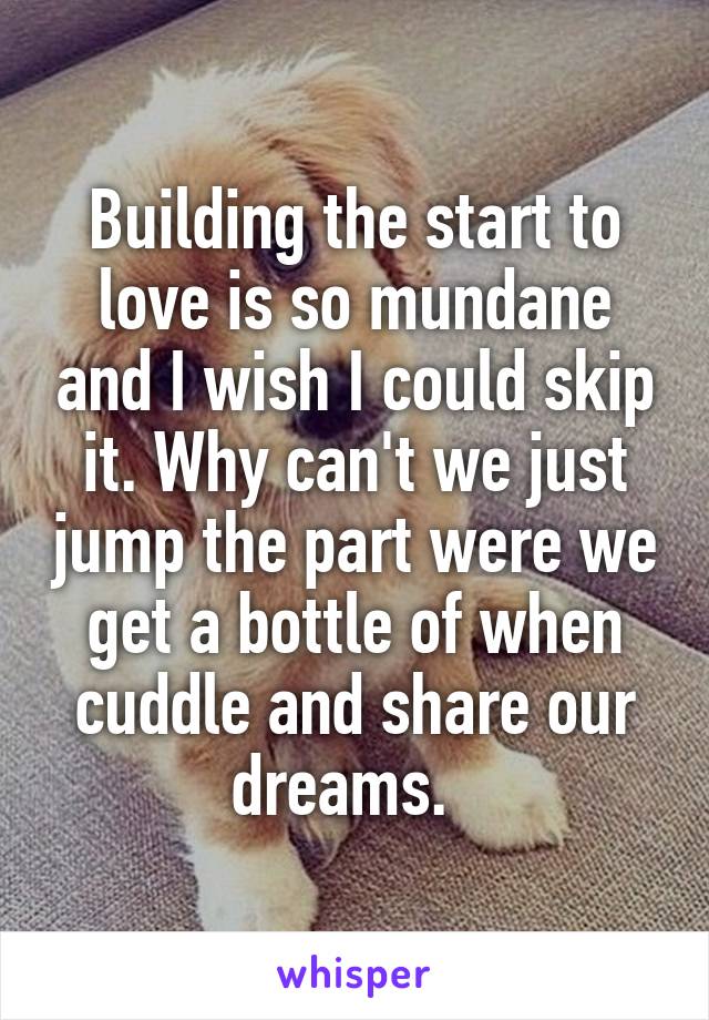 Building the start to love is so mundane and I wish I could skip it. Why can't we just jump the part were we get a bottle of when cuddle and share our dreams.  