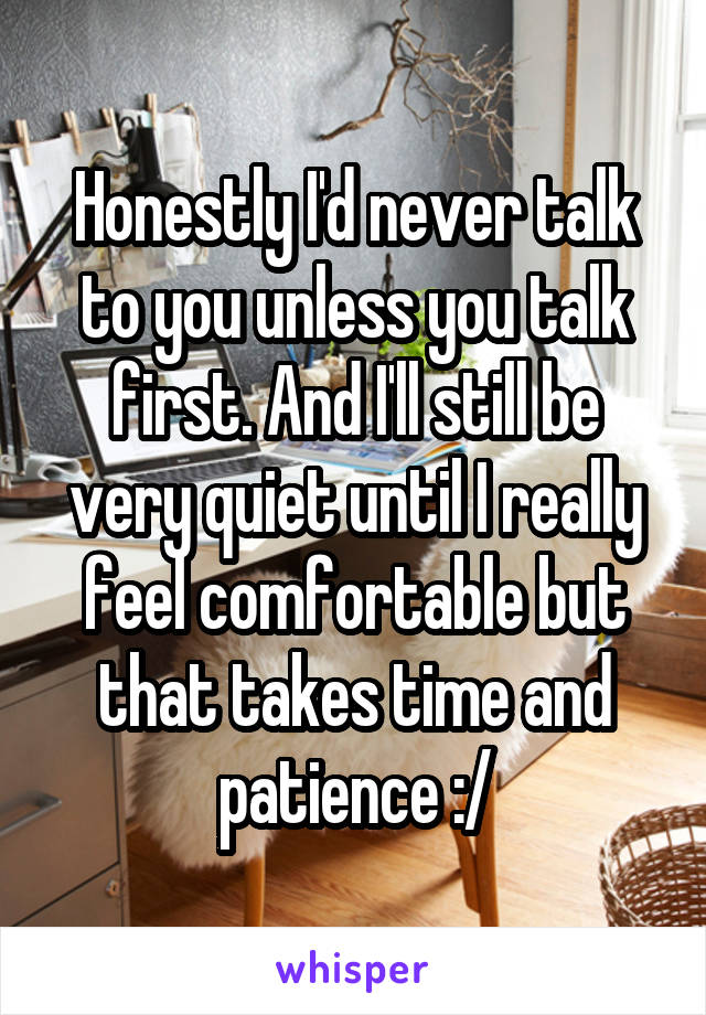 Honestly I'd never talk to you unless you talk first. And I'll still be very quiet until I really feel comfortable but that takes time and patience :/