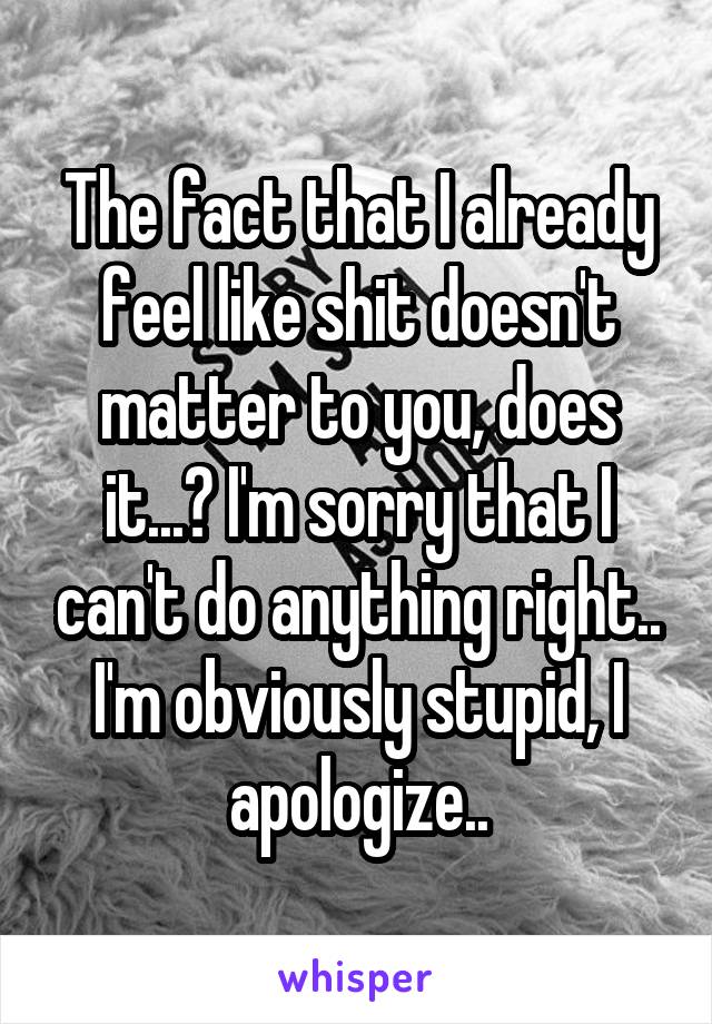 The fact that I already feel like shit doesn't matter to you, does it...? I'm sorry that I can't do anything right.. I'm obviously stupid, I apologize..