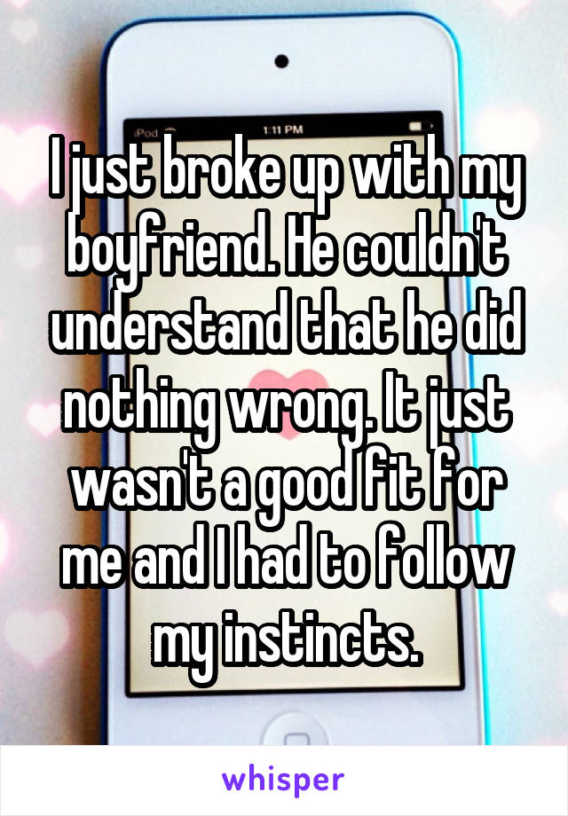I just broke up with my boyfriend. He couldn't understand that he did nothing wrong. It just wasn't a good fit for me and I had to follow my instincts.