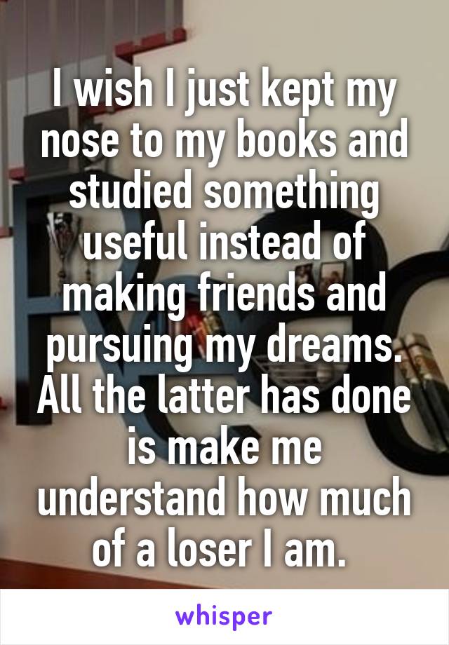 I wish I just kept my nose to my books and studied something useful instead of making friends and pursuing my dreams. All the latter has done is make me understand how much of a loser I am. 