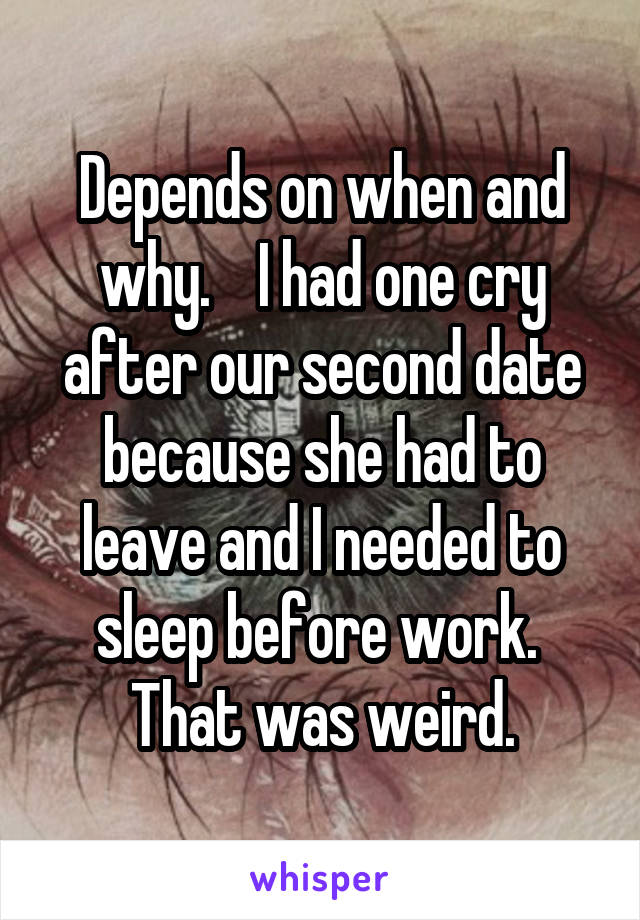 Depends on when and why.    I had one cry after our second date because she had to leave and I needed to sleep before work.  That was weird.