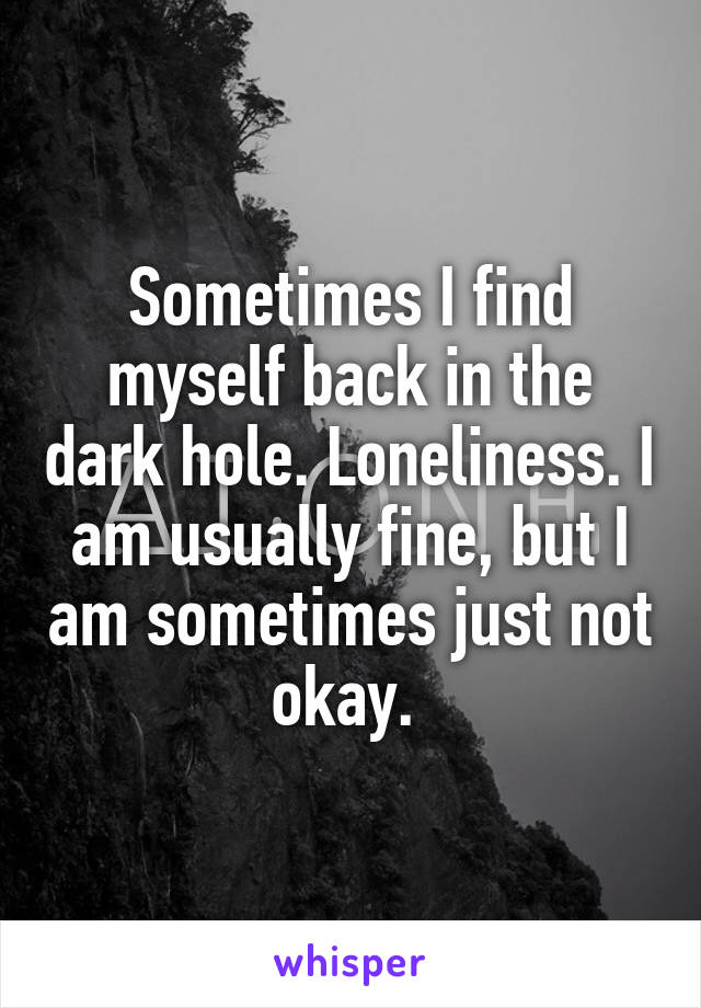Sometimes I find myself back in the dark hole. Loneliness. I am usually fine, but I am sometimes just not okay. 