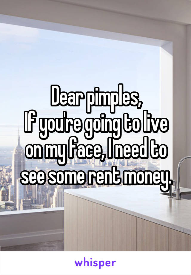 Dear pimples,
If you're going to live on my face, I need to see some rent money.