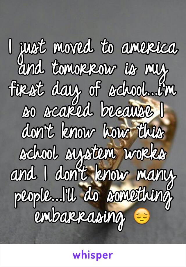 I just moved to america and tomorrow is my first day of school...i'm so scared because I don't know how this school system works and I don't know many people...I'll do something embarrasing 😔