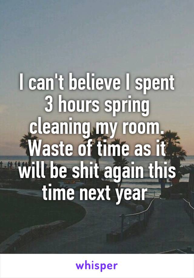 I can't believe I spent 3 hours spring cleaning my room. Waste of time as it will be shit again this time next year 