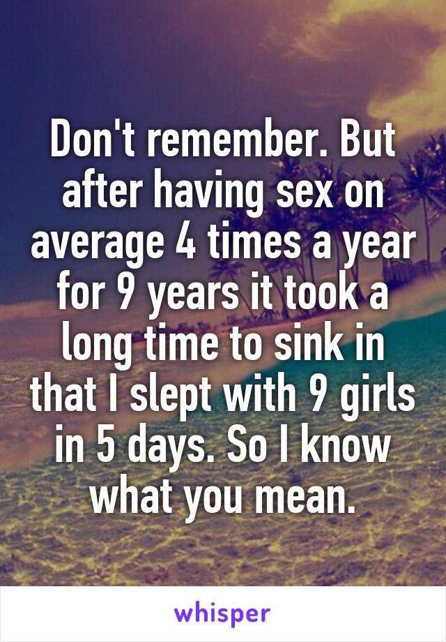 Don't remember. But after having sex on average 4 times a year for 9 years it took a long time to sink in that I slept with 9 girls in 5 days. So I know what you mean.