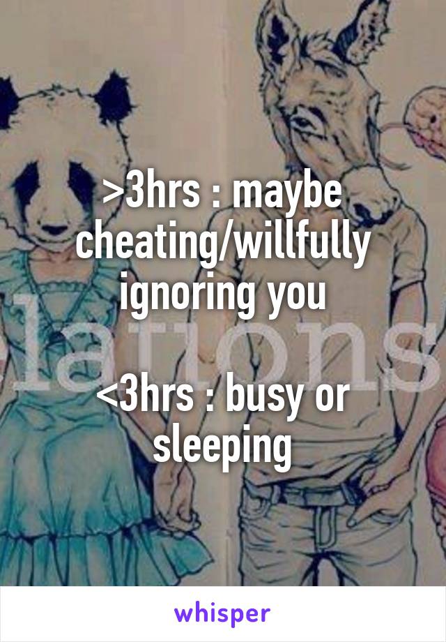 >3hrs : maybe cheating/willfully ignoring you

<3hrs : busy or sleeping