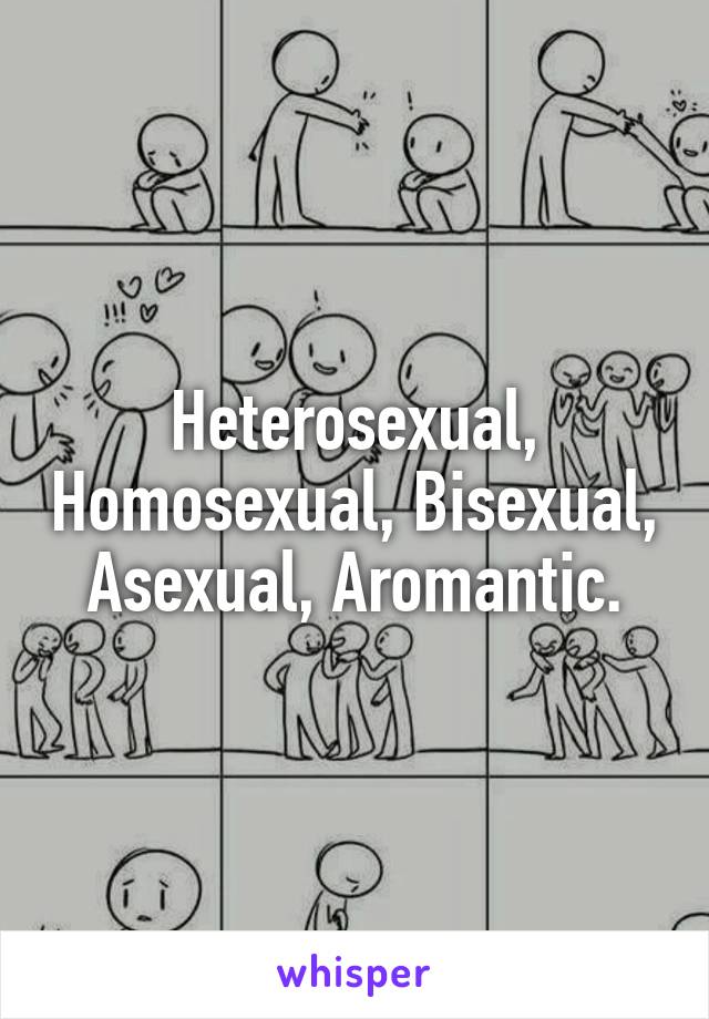 Heterosexual, Homosexual, Bisexual, Asexual, Aromantic.